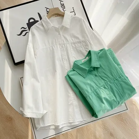 春装新款简约宽松全棉纯色白衬衫女韩版宽松休闲百搭长袖打底衬衣图片