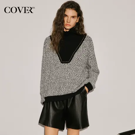 COVER冬季假两件撞色V领羊毛针织衫商品大图