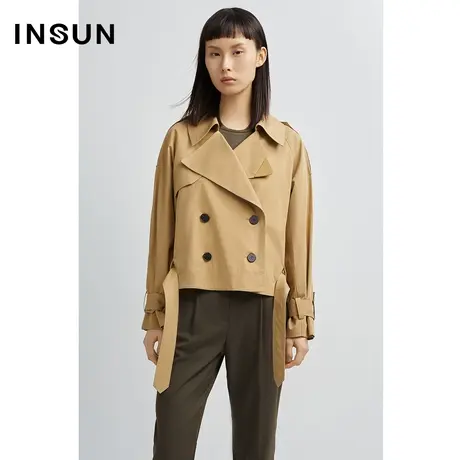 INSUN恩裳秋季拼接双排扣短款风衣外套图片