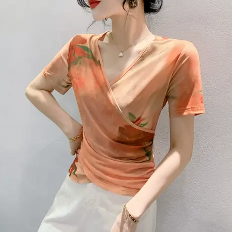 性感交叉V领T恤女短袖时尚网纱小衫夏装气质拼色印花上衣修身半袖商品大图
