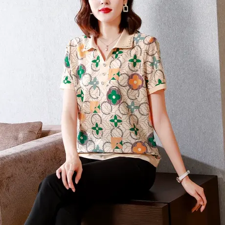 短袖t恤女有领上衣2023年夏装新款中年妈妈翻领时尚减龄宽松小衫商品大图