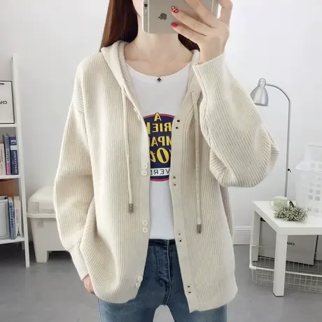 连帽宽松慵懒风针织衫2023秋季新款开衫外套长袖纯色外搭短款上衣商品大图