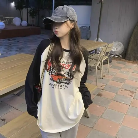 圆领插肩拼接长袖T恤女秋冬新款上衣女士宽松爆款小众复古百搭ins商品大图