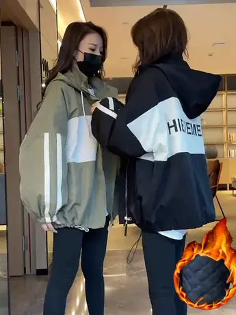 字母连帽夹棉外套女2023年秋春新款宽松夹克工装冲锋衣薄款棒球服图片