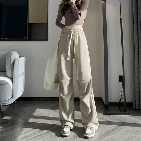 白色美式工装裤女秋冬2023新款高腰显瘦休闲直筒阔腿运动拖地裤子商品大图