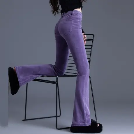 紫色灯芯绒裤子女春秋新款2025年微喇裤显瘦修身小个子马蹄条绒裤商品大图
