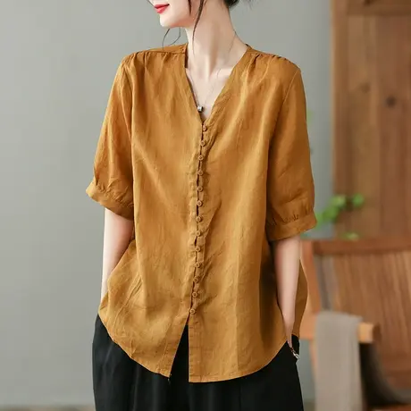 dza文艺复古苎麻衬衫女2023夏季薄款V领衬衣宽松显瘦棉麻开衫上衣图片
