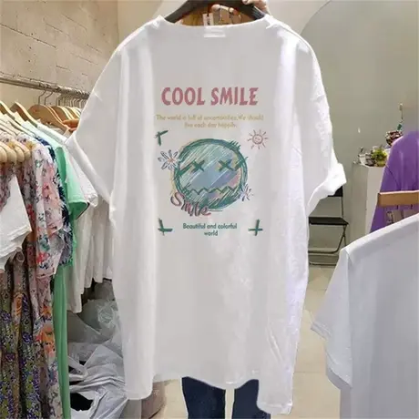 大码短袖t恤女ins潮2021夏季新款韩版宽松中长款薄款百搭体恤上衣商品大图