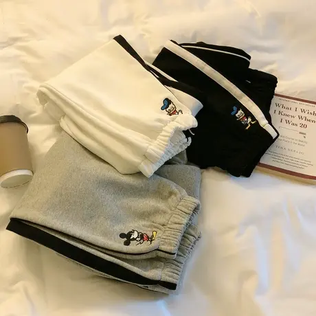 运动休闲长裤女2021秋季新款韩国直筒裤卡通刺绣侧白条显瘦卫裤潮图片