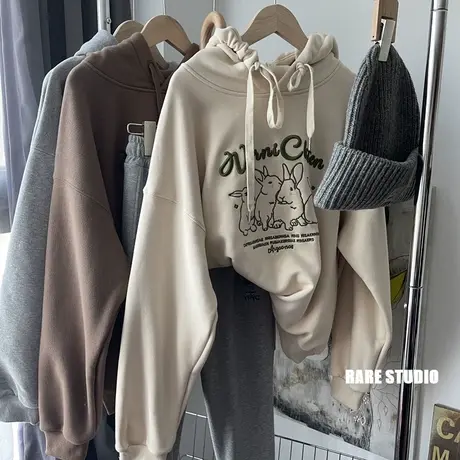 冬季新款加绒加厚刺绣字母兔子休闲百搭宽松洋气连帽卫衣女外套潮商品大图