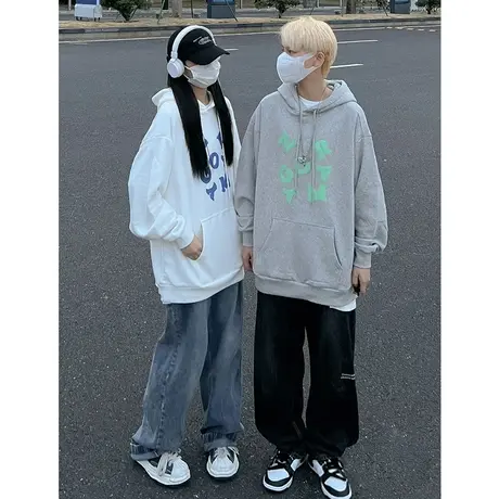超火cec灰色连帽卫衣女秋新潮oversize薄款街头风情侣宽松ins上衣图片