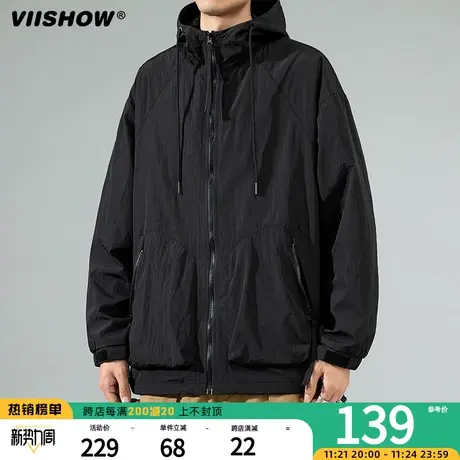 VIISHOW夹克外套男士纯色连帽春秋季新款美式宽松潮流休闲冲锋夹商品大图