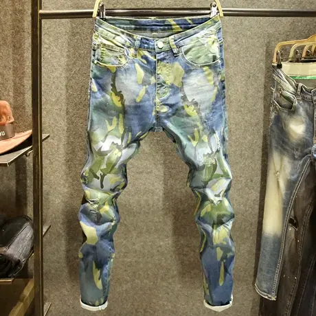 精神小伙时尚潮流牛仔裤男士修身小脚裤潮牌印花街头帅气破洞裤子商品大图