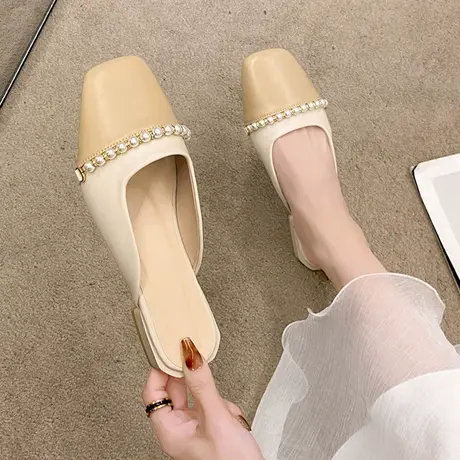 包头半拖鞋女外穿2023夏季新款半托单鞋粗跟时尚法式温柔珍珠凉拖商品大图