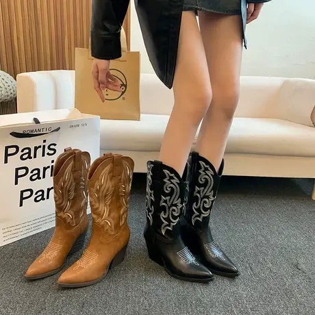 长筒靴女2023春秋季新款复古小众小个子增高瘦瘦靴高跟v口骑士靴图片