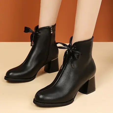 2023秋冬新款粗跟靴子女法式时尚加绒马丁鞋短靴圆头瘦瘦靴侧拉链商品大图