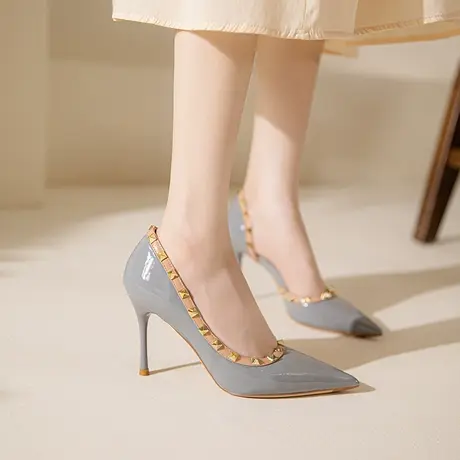 尖头漆皮铆钉单鞋女气质2024年春季新款性感百搭仙女风细跟高跟鞋商品大图