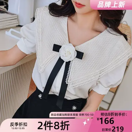 粉红大布娃娃衬衫女设计感小众2021夏款新款娃娃领山茶花短袖上衣商品大图