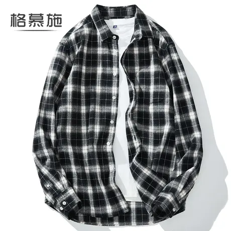 格慕施衬衫男士长袖潮流宽松休闲衬衣大码纯棉磨毛格子上衣服外套图片