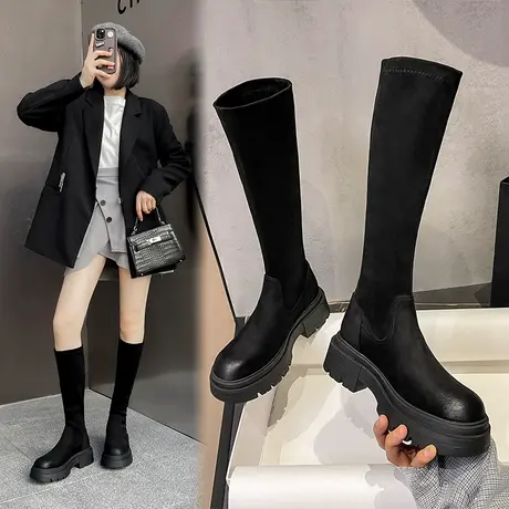 长筒靴女2024年新款绒面圆头西部牛仔靴粗跟厚底骑士靴弹力瘦瘦靴图片