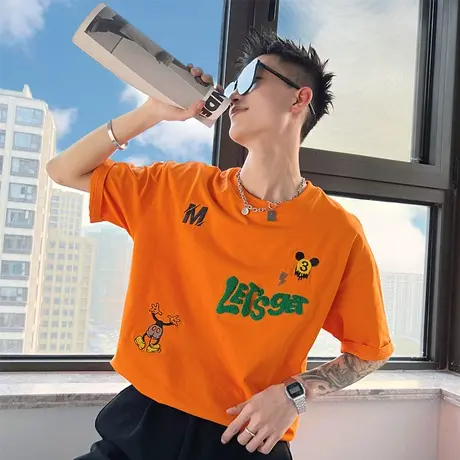 ins潮牌夏季T恤男潮流痞帅个性半袖男装卡通短袖2023新款体恤潮商品大图