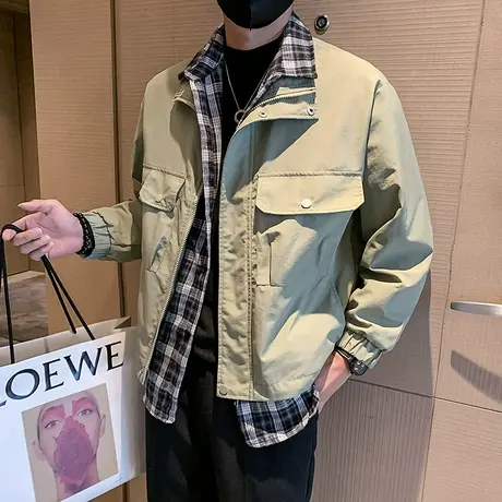 潮牌工装外套秋季复古休闲拼接格子假两件高级感痞帅个性夹克秋装商品大图