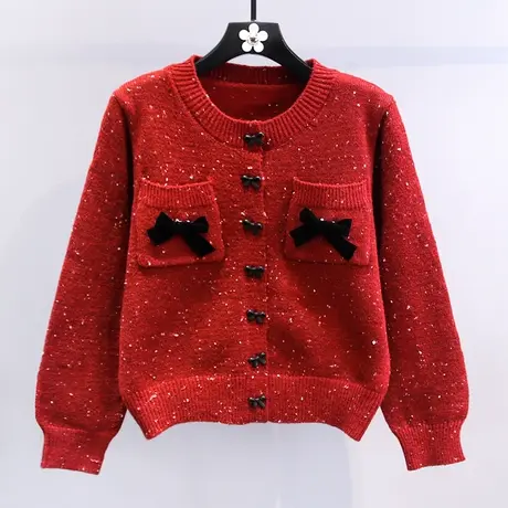 小香风新年红色蝴蝶结毛衣外套女冬季2024新款宽松高级感针织开衫商品大图