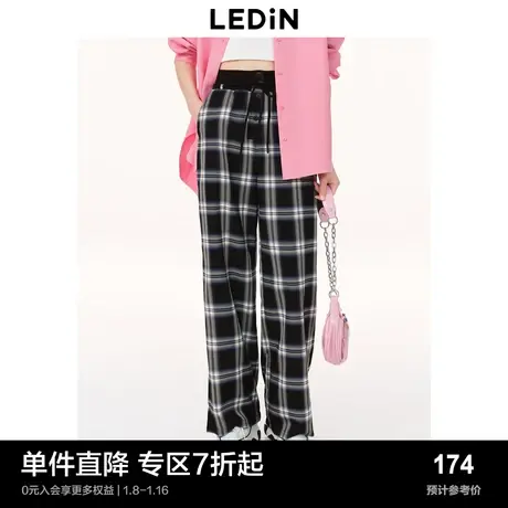乐町格纹休闲裤春季直筒裤女宽松C1GBD1402商品大图