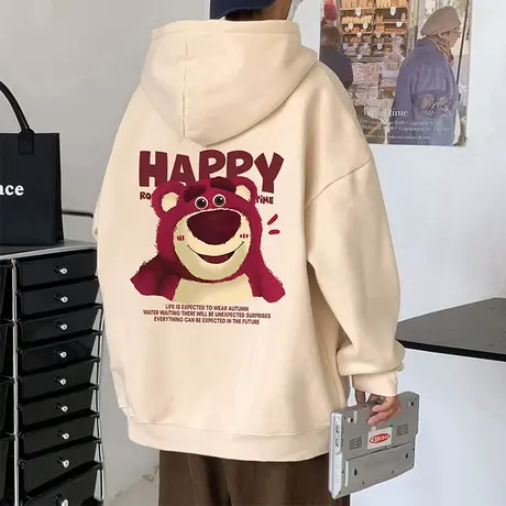 草莓熊连帽卫衣男春秋季大码长袖外套重磅潮牌宽松套头情侣上衣服商品大图