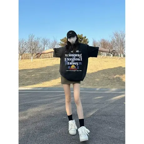 纯棉美式复古水洗做旧短袖t恤女夏季新款设计感宽松黑色上衣潮牌商品大图