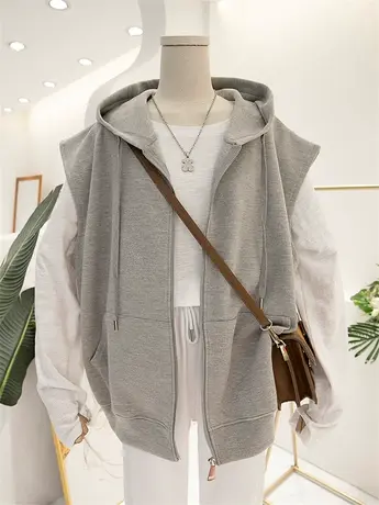 卫衣女春秋薄款马甲2024新款宽松韩版无袖上衣外搭连帽薄款网红风图片