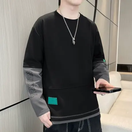 假两件长袖t恤男春秋款圆领卫衣男潮牌上衣青少年字母印花打底衫T商品大图