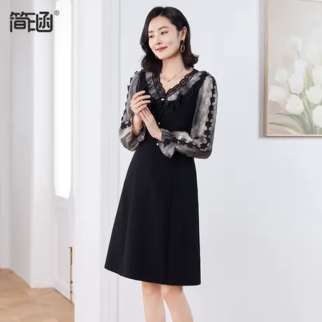 简涵v领长袖连衣裙女2024春季新款收腰中长款贵夫人减龄显瘦裙子商品大图