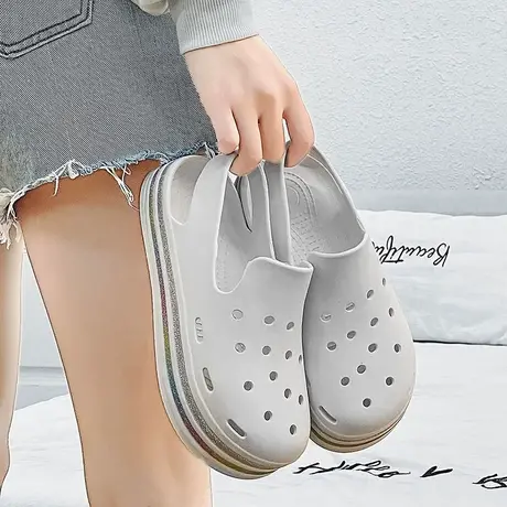新款护士洞洞鞋女款夏季包头拖休闲防滑厚底一脚蹬办公室增高拖鞋商品大图