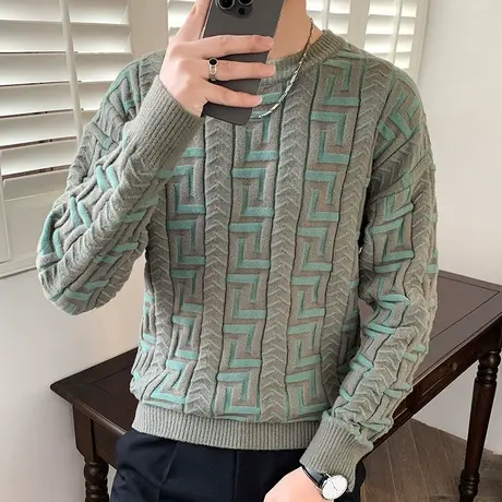 2023秋冬新款男士提花毛衣个性圆领保暖线衣针织衫男装潮流打底衫商品大图