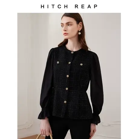 希区瑞普2024早春经典小香风面料拼接圆领长袖上衣衬衫C0287图片