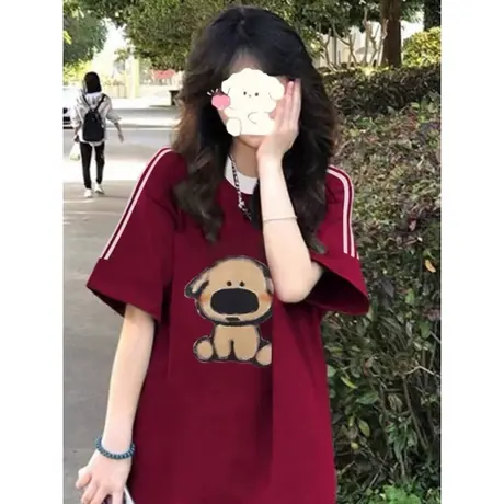 2024夏季新款酒红色女短袖T恤宽松百搭韩版纯棉落肩袖上衣打底衫商品大图