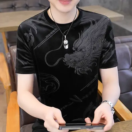 2024夏季新款短袖T恤男士潮流时尚龙烫钻金丝绒休闲半袖体恤上衣商品大图