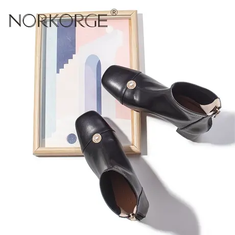 2023新款秋冬复古黑弹力瘦瘦靴短靴女方头珍珠粗跟温柔显瘦弹力靴商品大图