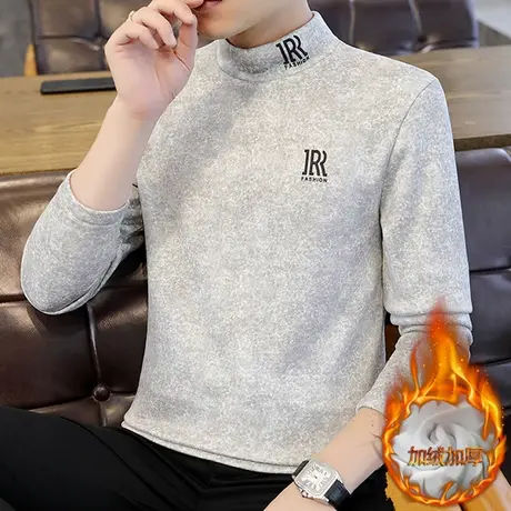 长袖t恤男士百搭秋冬季半高领打底衫中领秋衣服加绒加厚内搭冬装商品大图