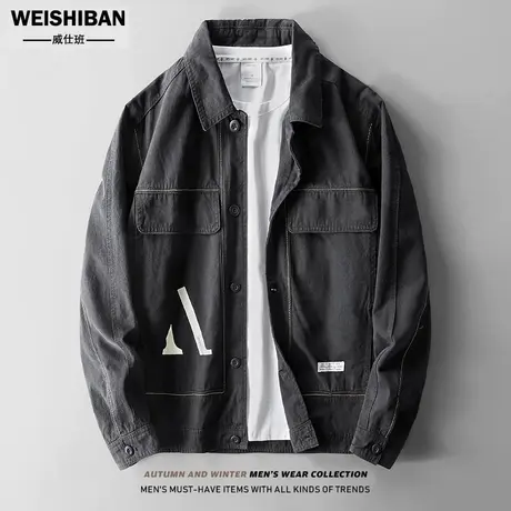 春秋季男士翻领印花宽松夹克美式休闲工装长袖外套高街痞帅上衣男商品大图