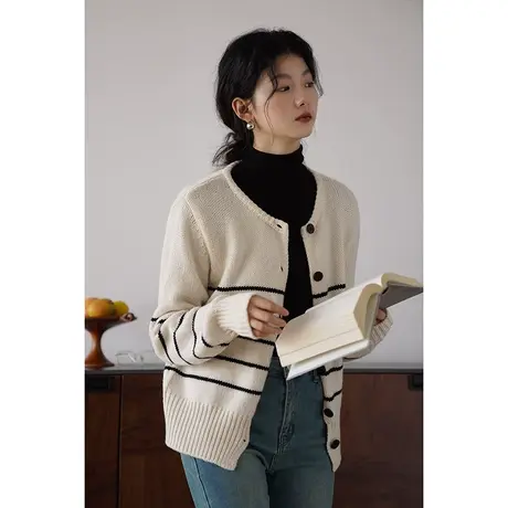 嘉茱莉2023秋季新款条纹针织毛衣外套女薄款开衫上衣圆领针织开衫商品大图