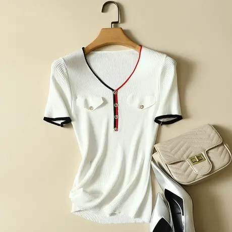 冰丝针织衫女短袖t恤2023夏季新款韩版修身短款显瘦薄款打底上衣图片