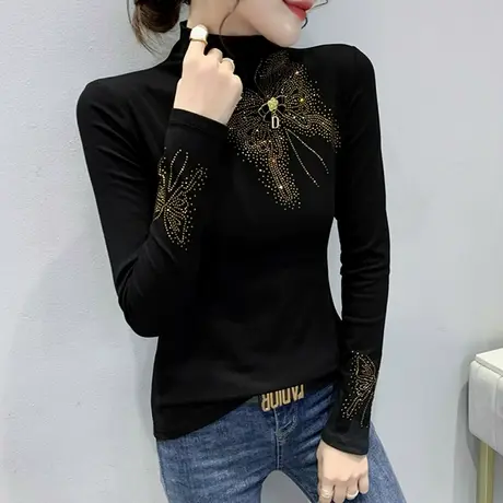 加绒半高领打底衫女秋冬洋气设计感烫钻上衣内搭修身显瘦长袖T恤商品大图