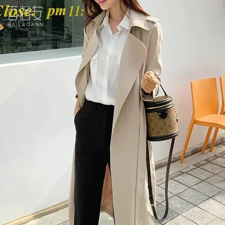 百洛安中长款风衣女秋装新款韩范气质西装领大衣宽松系带百搭外套图片