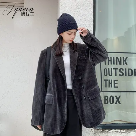 灯芯绒西装外套女秋冬加绒复古气质宽松廓形休闲中长款春秋小西服图片