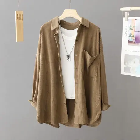 春秋灯芯绒衬衫外套女2023年秋季新款宽松大码中长款休闲开衫衬衣商品大图