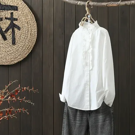 枫谜2022年秋装新款文艺花边领纯色长袖衬衫女休闲立领白色衬衣图片