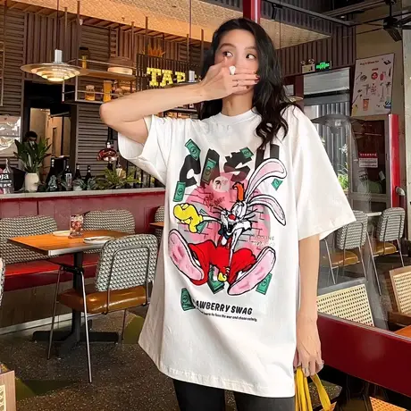 白色小众设计感印花短袖t恤女2023夏季新款中长款ins潮牌半袖上衣图片