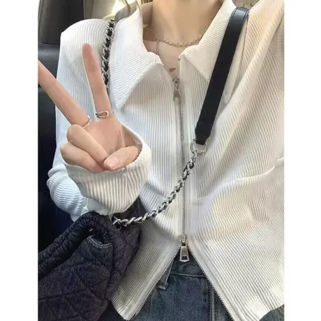 双拉链POLO领长袖T恤女2023春秋季新款设计感小众别致短款打底衫商品大图